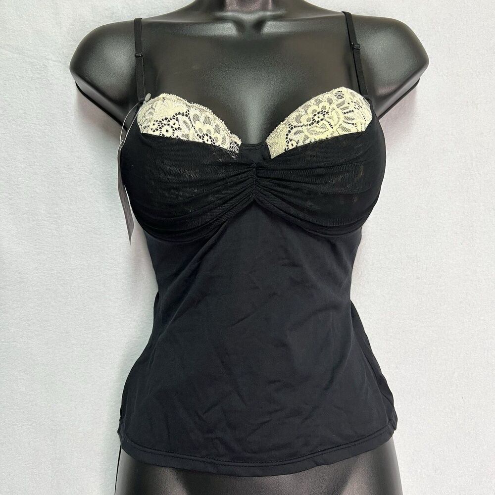 Y2K Lace Trim Mesh Bra Cami Black Shape Fx NWT S Feminine Coquette Lingerie Top
